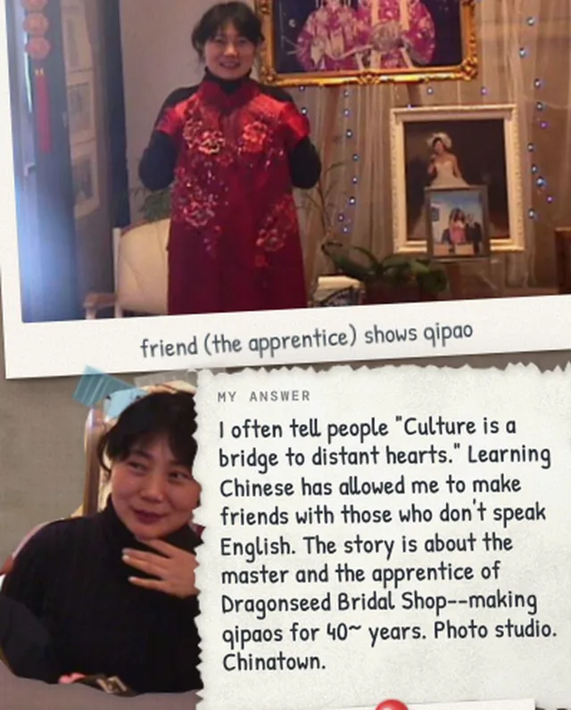 A page of the club’s issue in progress: her photo of the apprentice at a Chinatown bridal shop holding up a red qipao, captioned in her words, and her note on the master and apprentice who have made qipaos there for forty years