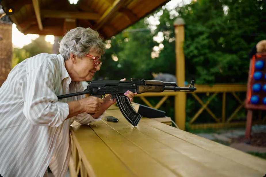 Beatrice concentrating as she aims at the shooting range