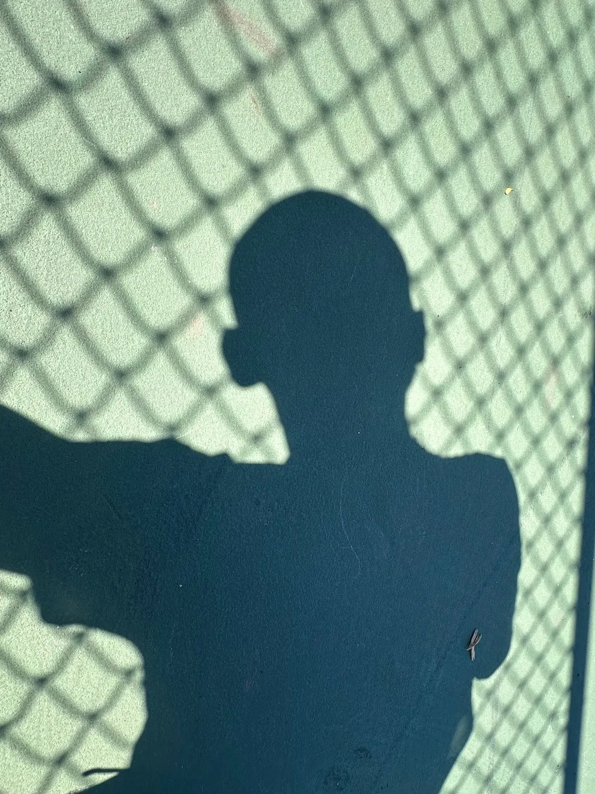 Body shadow on chain-link fence surface